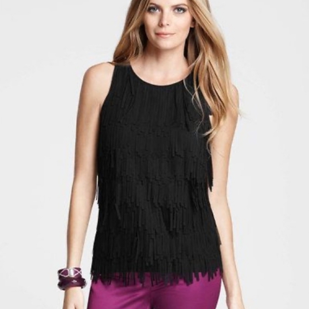 Ann Taylor Fringe Sleeveless Top, Blouse, Black, 10/M, New